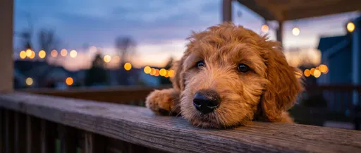Goldendoodle Puppy on Porch at Dusk