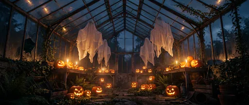 Floating Ghosts and Pumpkins in Night Greenhouse