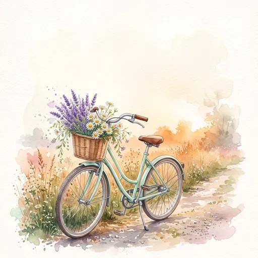 Watercolor Mint Bicycle With Flower Basket