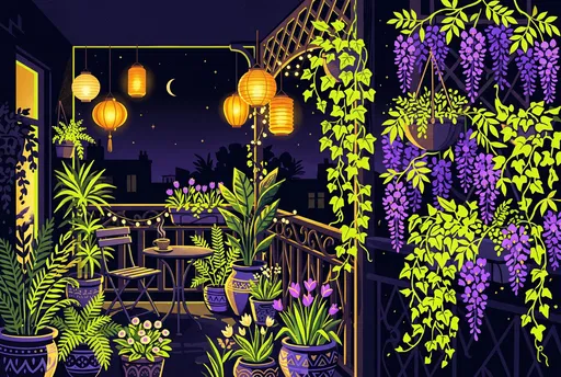 Vibrant Nighttime Balcony Garden Illustration
