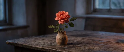 Coral Rose in Clay Vase on Table