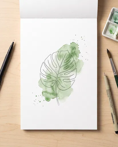 Monstera Leaf Line Art With Watercolor