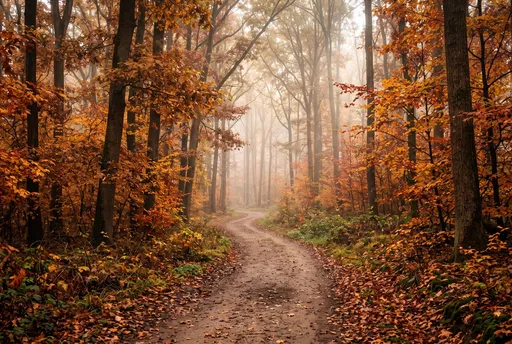 Winding Dirt Trail in Foggy Autumn Forest