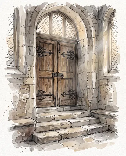 Watercolor Sketch of Church Wooden Doors