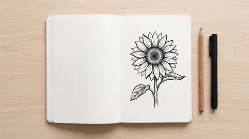 Open Sketchbook With Sunflower Ink Drawing