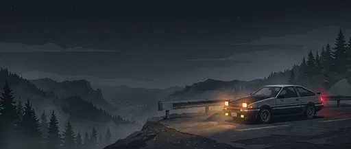 Retro Hatchback on Night Mountain Overlook