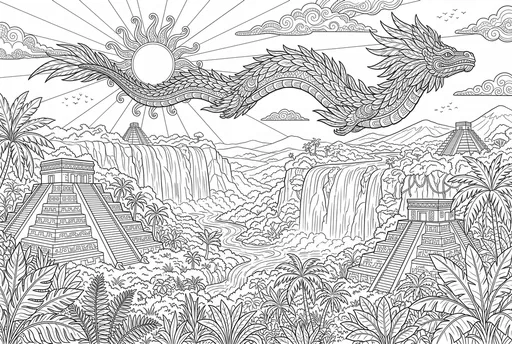 Feathered Serpent Over Jungle Pyramids Coloring Page