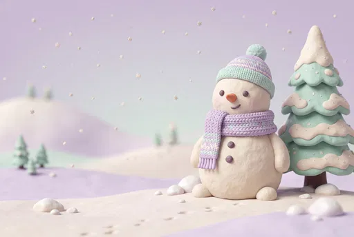 Pastel Clay Snowman in Winter Landscape
