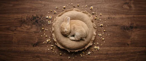 Sleeping Baby Bunny on Burlap Cushion