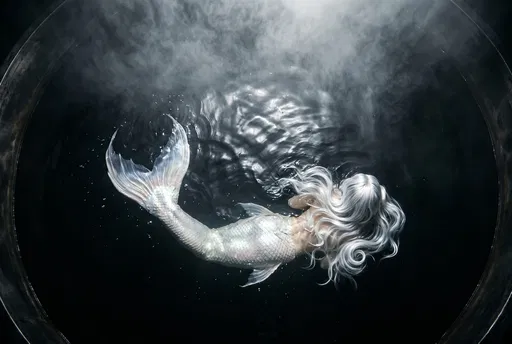 Silver Mermaid Floating in Dark Tank