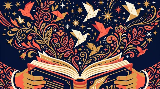 Hands Holding Open Book With Origami Birds