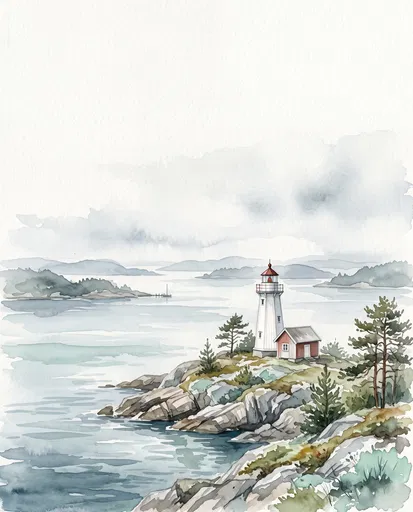 Watercolor Coastal Lighthouse on Rocky Island