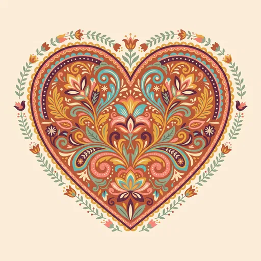 Ornate Folk Art Floral Heart Illustration