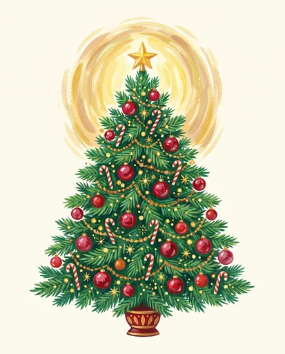 Gouache Christmas Tree With Golden Halo
