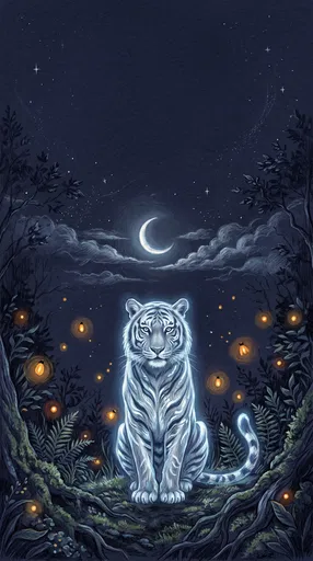 Glowing White Tiger Under Crescent Moon