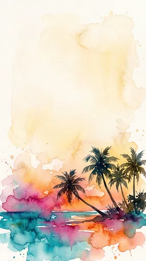 Tropical Beach Sunset Watercolor With Copy Space