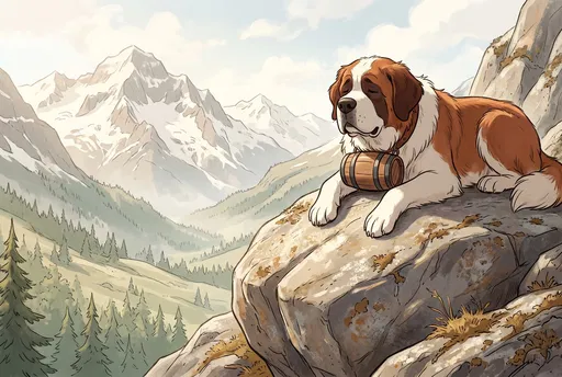 Cartoon Saint Bernard Resting on Alpine Boulder