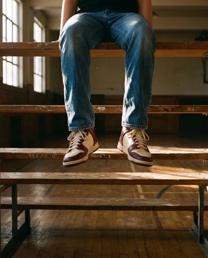 Person in Sneakers on Wooden Gym Bleachers