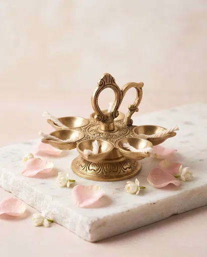 Ornate Brass Diya Lamp With Petals