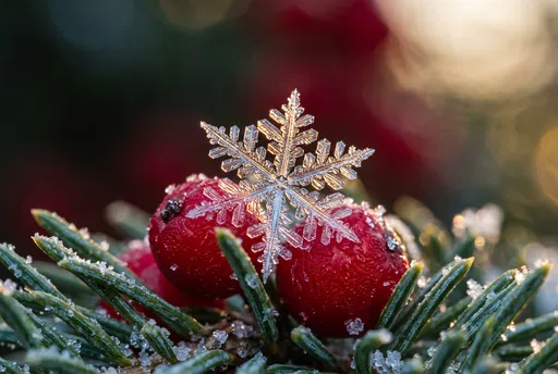 Macro Snowflake on Red Winterberries
