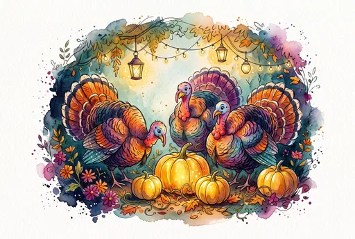 Watercolor Three Turkeys With Glowing Pumpkins