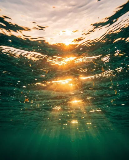 Golden Sunlight Through Emerald Underwater Surface