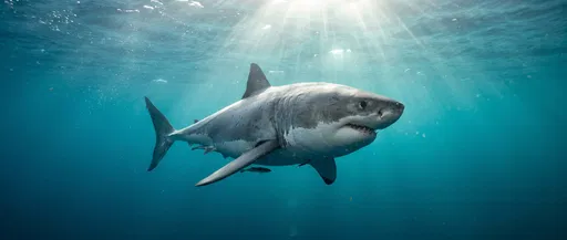 Great White Shark Swimming Under Sunbeams