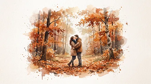 Watercolor Couple Kissing in Autumn Forest