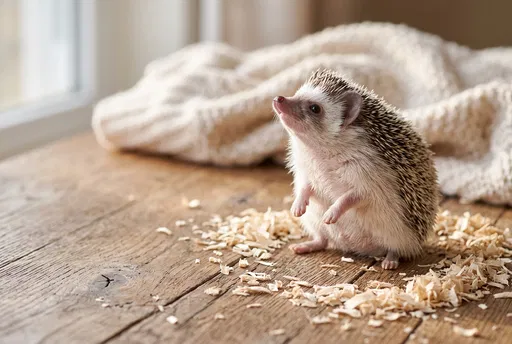 Cute Hedgehog Sitting Upright on Wooden Table