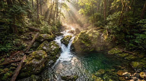 Sunlit Woodland Stream and Emerald Pool