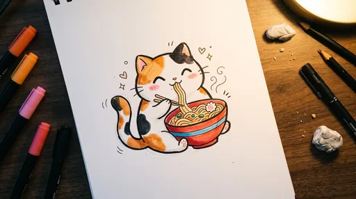 Cute Calico Cat Eating Ramen Marker Drawing