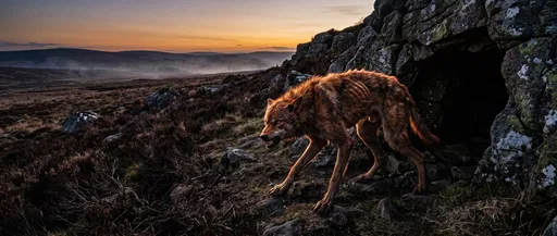 Gaunt Werewolf Emerging From Moorland Cave