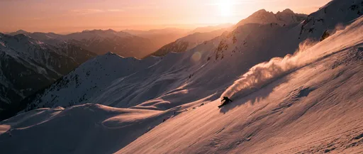 Snowboarder Descending Alpine Slope at Sunset