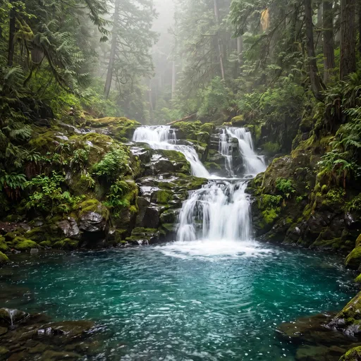 Misty Forest Waterfall and Turquoise Pool