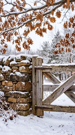Snowy Stone Wall and Wooden Gate