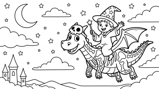 Wizard Riding Skeleton Dragon Coloring Page