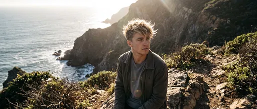 Young Man on Sunlit Coastal Cliff