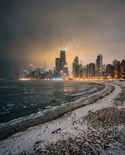 Snowy Chicago Skyline at Night
