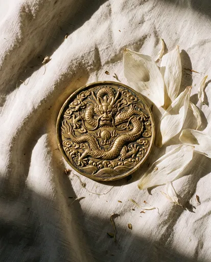Antique Gold Dragon Medallion on Linen