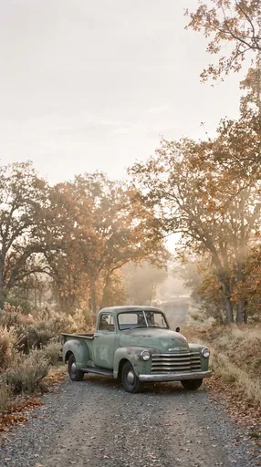 Vintage Green Pickup Truck on Autumn Road