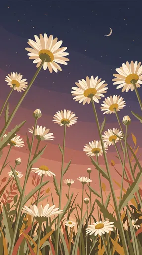 Twilight Oxeye Daisies Flat Illustration