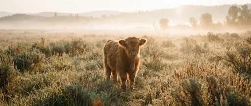 Highland Calf in Misty Morning Meadow