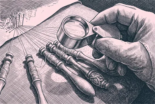 Cross-Hatched Illustration of Lace Bobbins and Loupe