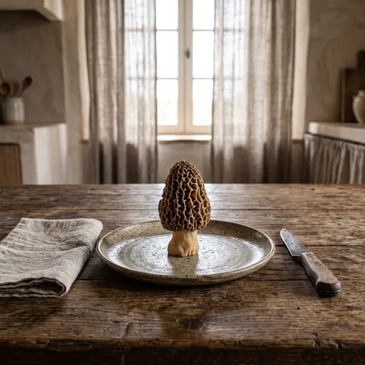 Single Morel Mushroom on Ceramic Plate