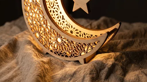 Glowing Wooden Crescent Moon Lamp on Linen