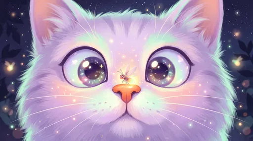 Cartoon Cat With Glowing Firefly on Nose
