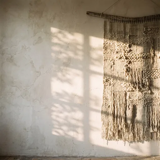 Woven Neutral Tapestry on Plaster Wall