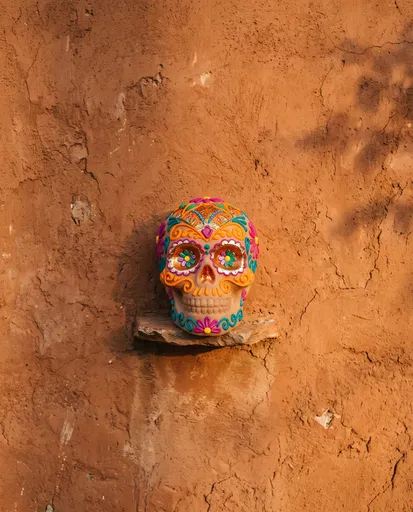Colorful Sugar Skull on Adobe Wall