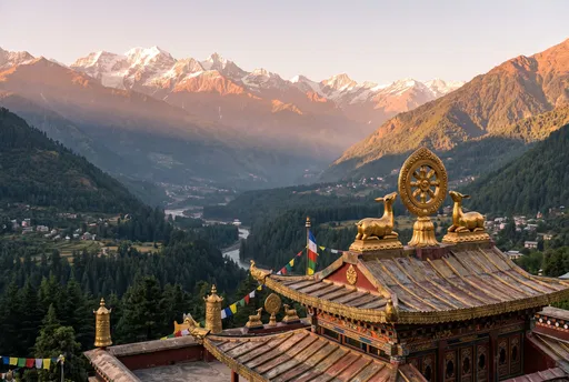 Buddhist Monastery Roof Overlooking Himalayan Valley