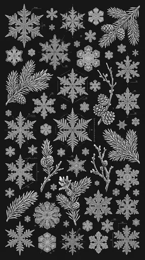 White Stippled Snowflakes and Pine Illustrations